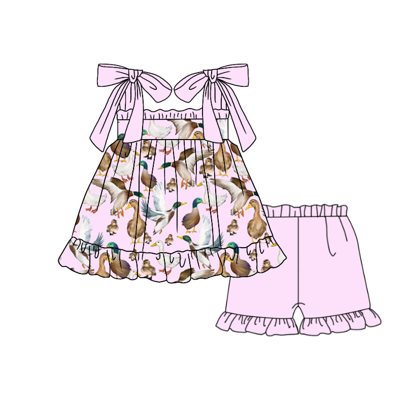 Preorder (moq 5)Baby Girls Straps Pink Ducks Hunting Tunic Top Ruffle Shorts Clothes Sets