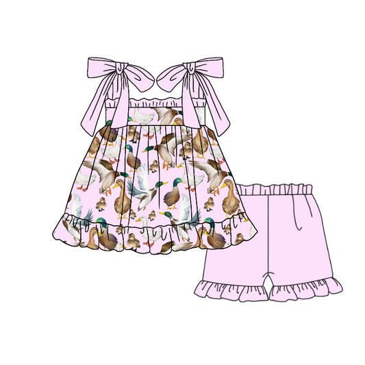 Preorder (moq 5)Baby Girls Straps Pink Ducks Hunting Tunic Top Ruffle Shorts Clothes Sets