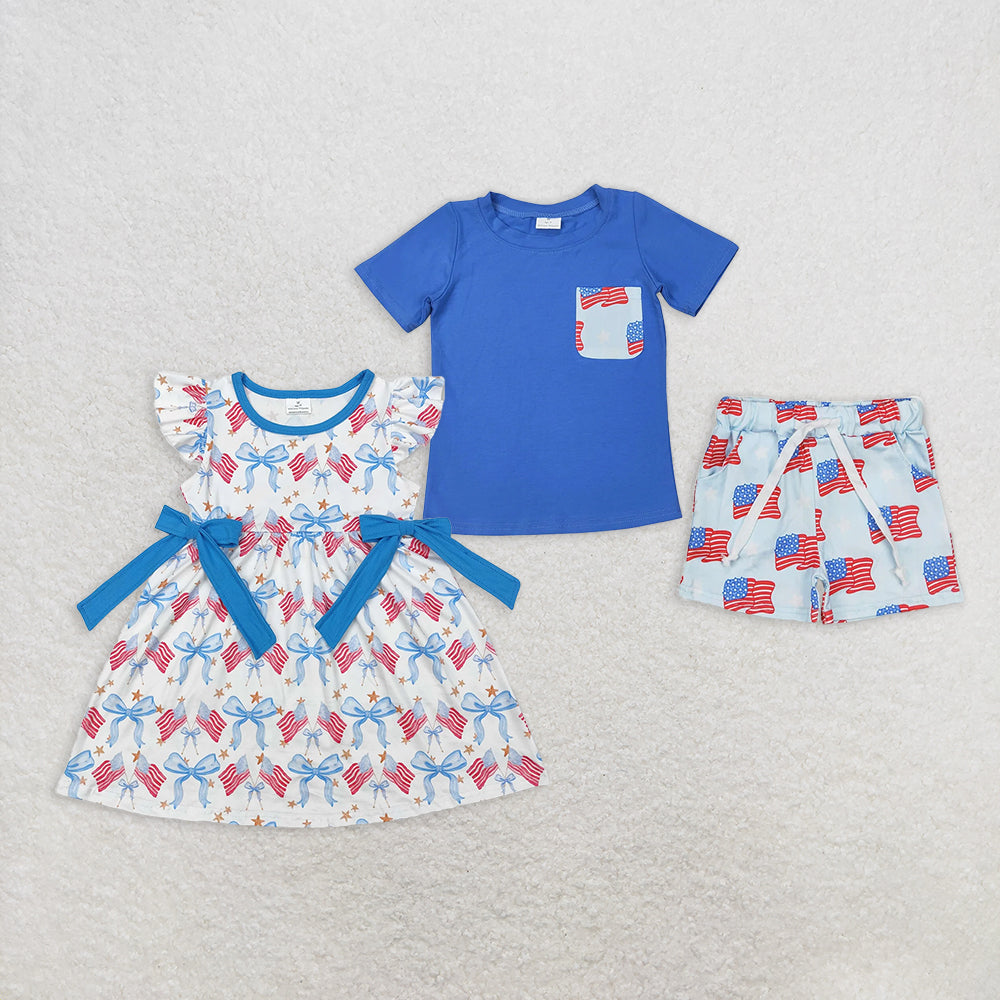 Sibling Baby Kids 4th of July Flags Pocket Shirts Shorts Outfits Knee Length Dresses