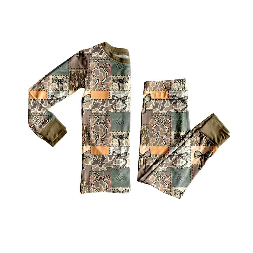 Preorder (moq 20)Baby Girls Bamboo Camo Bows Print Western Pajamas Sets