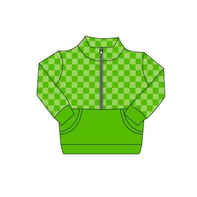 Preorder (moq 5)Baby Girls Green Checked Zipper Pockets Long Sleeves Pullovers Tops