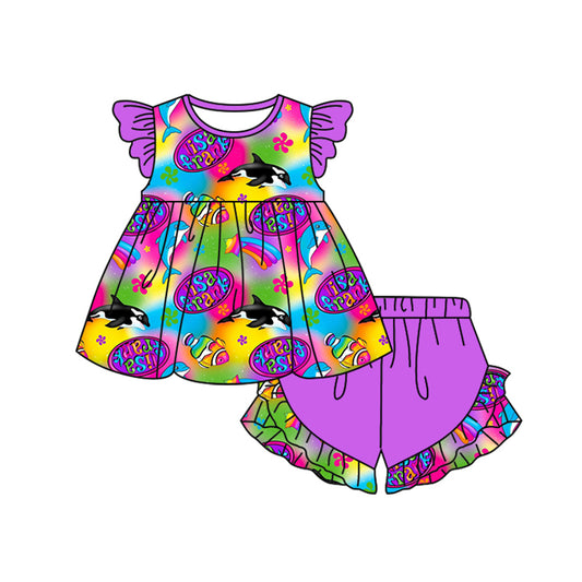 Baby Girls Cartoon Fishes Colorful Tunic Ruffle Shorts Clothes Sets preorder (moq 5)