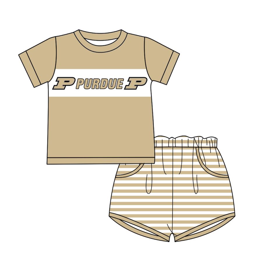 Cutom moq 5 Football Team Purdue Khaki Short Sleeve Striped Shorts Boys Set