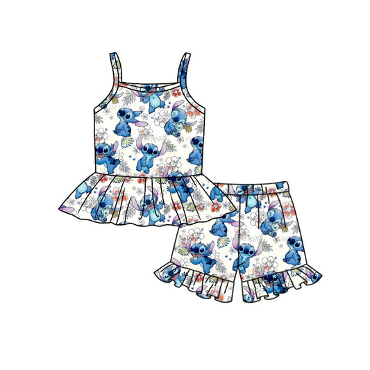 Baby Girls Cartoon Mouse Flowers Straps Top Ruffle Shorts Clothes Sets preorder (moq 5)