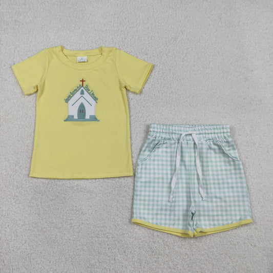 Embroidery Church Crosses Baby Boys Checked Pockets Shorts Clothes Sets