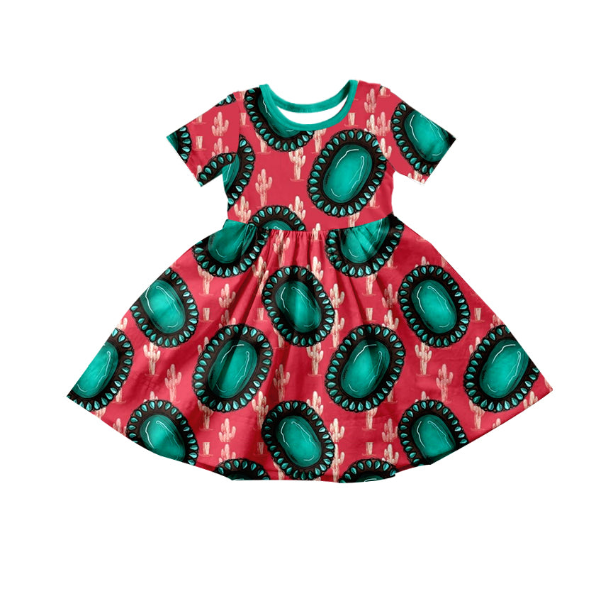 Baby Girls Summer Western Turquoise Red Knee Length Dresses preorder(moq 5)