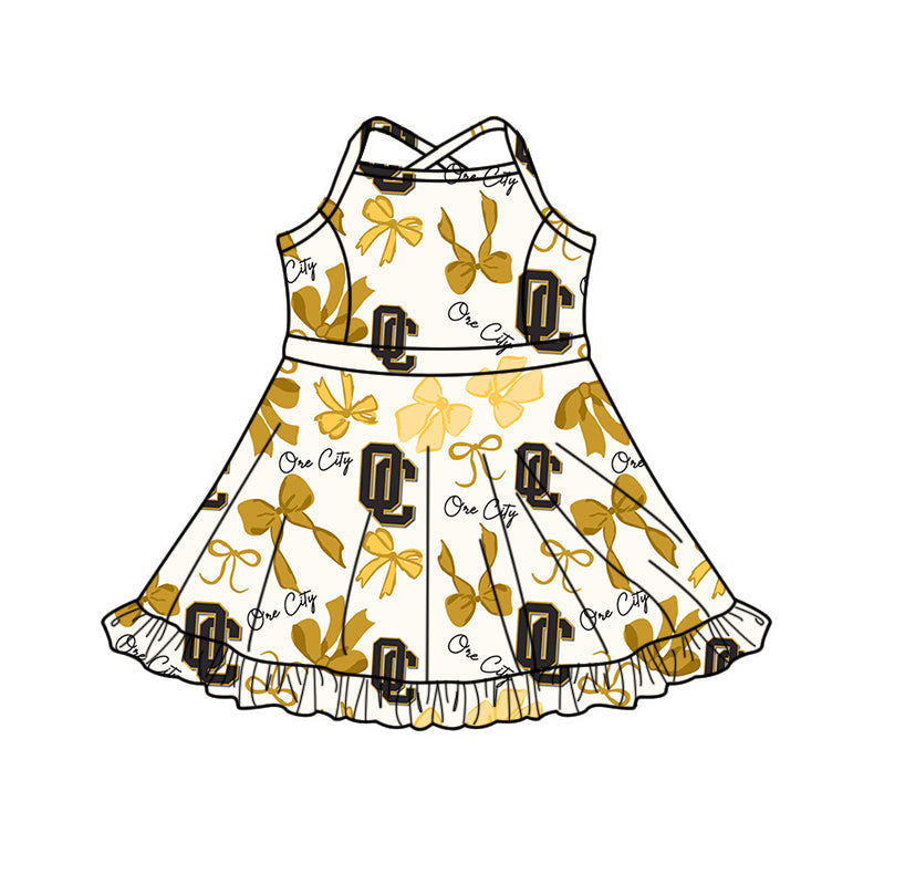 Preorder (moq 5)Baby Girls Strap Ore City Bows Team Shorts Ruffle Knee Length Dresses