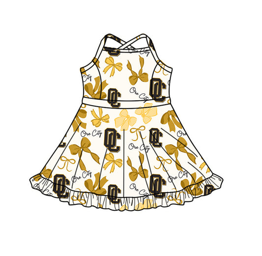 Preorder (moq 5)Baby Girls Strap Ore City Bows Team Shorts Ruffle Knee Length Dresses