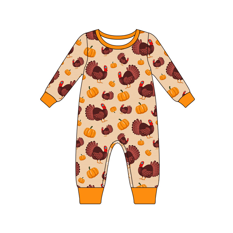 Baby Boys Thanksgiving Turkey Pumpkin Long Sleeve Rompers Preorder(moq 5)