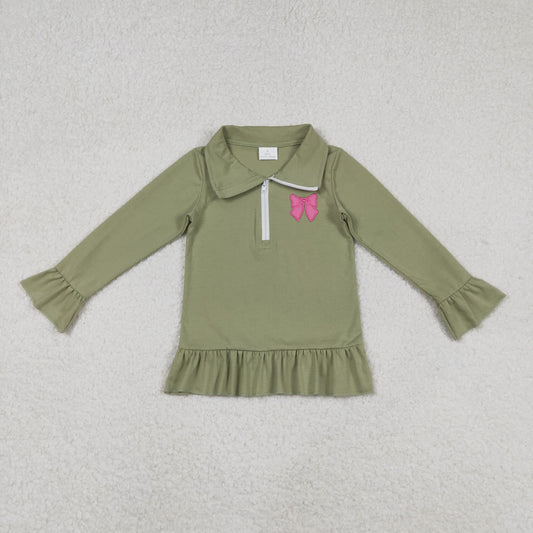 Embroidery Bows Baby Girls Olive Long Ruffle Sleeve Half Zipper Pullovers Top