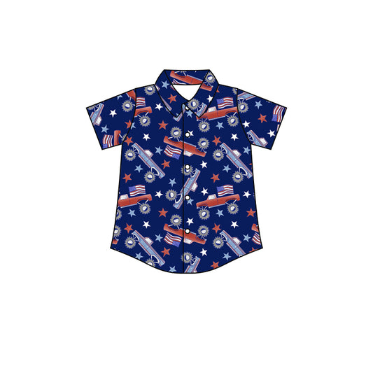 Baby Boys 4th Of July Tractors Short Sleeve Buttons Tee Shirts Tops Preorder