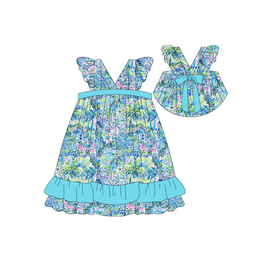 Preorder (moq 5)Baby Girls Blue Tree Leaves Ruffles Knee Length Dresses