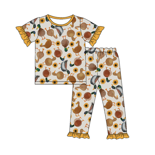 Baby Girls Ducks Sunflower Short Sleeve Shirt Pants Pajamas Clothes Sets Preorder(moq 5)