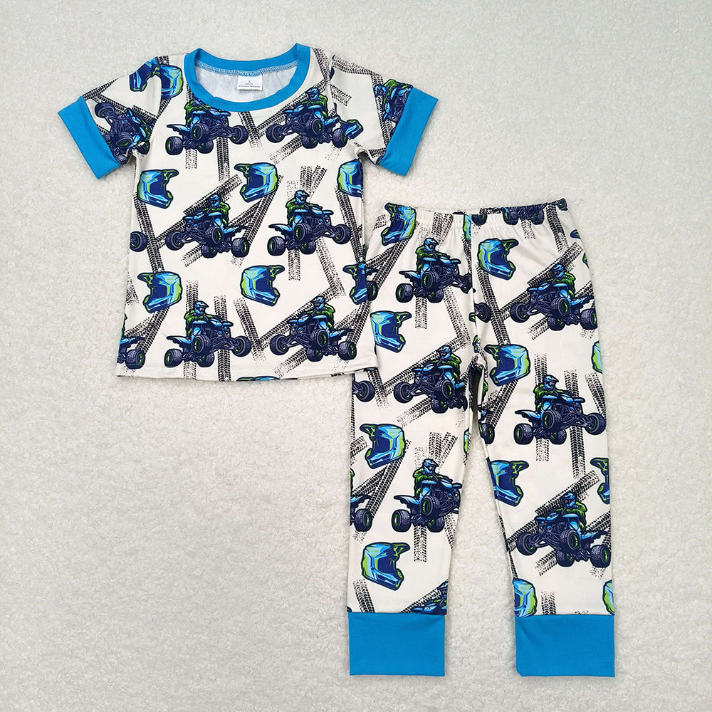 Baby Boys Blue Motobike Sibling Rompers Pajamas Clothes Sets