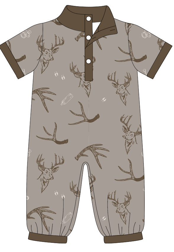 Preorder moq 5 (each item)Baby Boys Short Sleeve Ducks Deer Button Hunting Footie Rompers