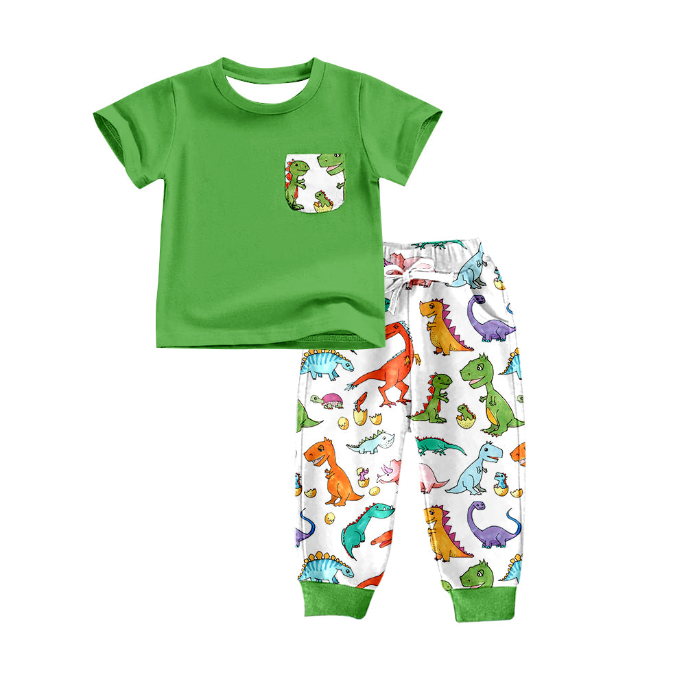 Baby Girls Pocket Green Top Dinosaur Pants Clothes Sets preorder(moq 5)