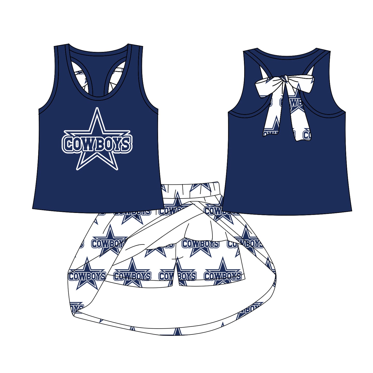 Preorder (moq 5)Baby Girls Cowboys bow vest team Top Skirt Skort Sets