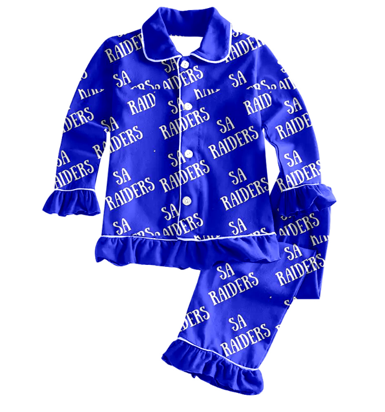 Preorder (moq 5)Baby Girls Hot Blue Sa Raiders Plaid Button Top Pants Team Pajamas Sets