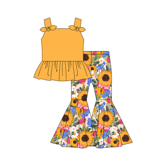 Preorder moq 5 Baby Girls Yellow Strap Bows Tunic Sunflowers Bell Bottom Pants Set