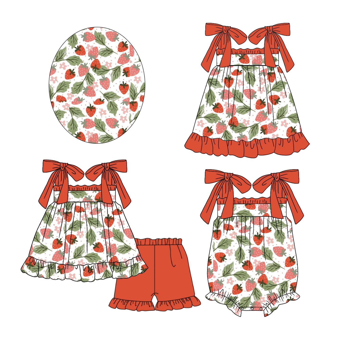 Preorder(moq 5 each)Sibling Baby Girls Red Strawberry Leaves Bows Tie Romper Dress Shorts Sets