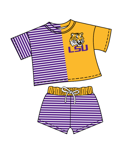 Preorder (moq 5)Baby Girls Purple Stripe LSU Tiger Top Shorts Team Clothes Sets