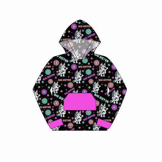 Baby Girls Big Sister Flowers Dogs Purple Hooded Tops Preorder(moq 5)