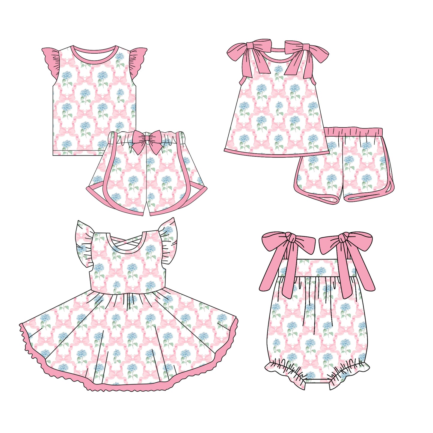 Preorder moq 5 Custom Baby Girls Bows Plaid Hydrangea Top Short Sets Knee Length Dress Ruffle Rompers