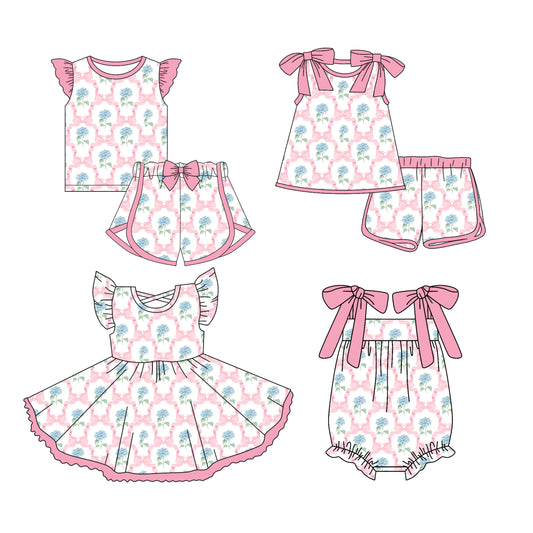 Preorder moq 5 Custom Baby Girls Bows Plaid Hydrangea Top Short Sets Knee Length Dress Ruffle Rompers