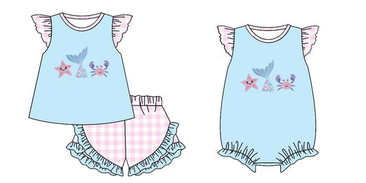 Preorder moq 5 (each item)Baby Girls Flutter Sleeve Sea World Checked Shorts Clothes Sets Rompers