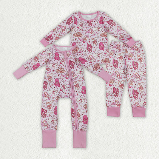 Sibling Baby Girls Pink Hats Boots Top Pants Western Pajamas Set Zipper Rompers