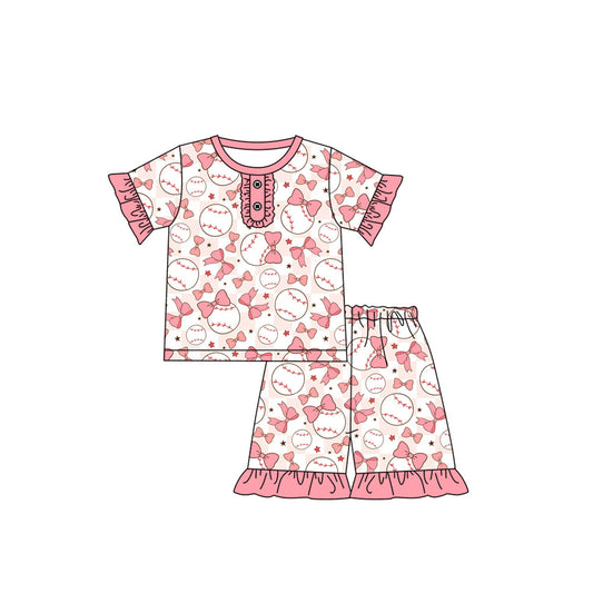 Preorder (moq 5)Baby Girls Pink Baseball Bows Shirt Top Shorts Pajamas Clothes Sets
