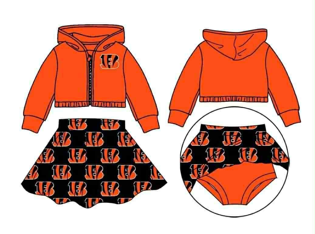 Preorder moq 5 Baby Girls Orange Long Sleeves B Zipper Hoodies Plaid Skorts Team Set