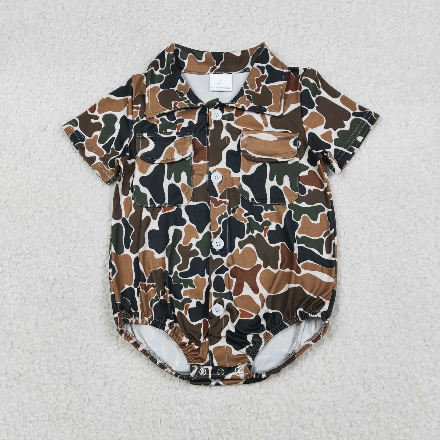 Baby Boys Southern Dark Brown Camo Button Pockets Rompers