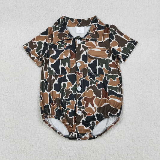 Baby Boys Southern Dark Brown Camo Button Pockets Rompers