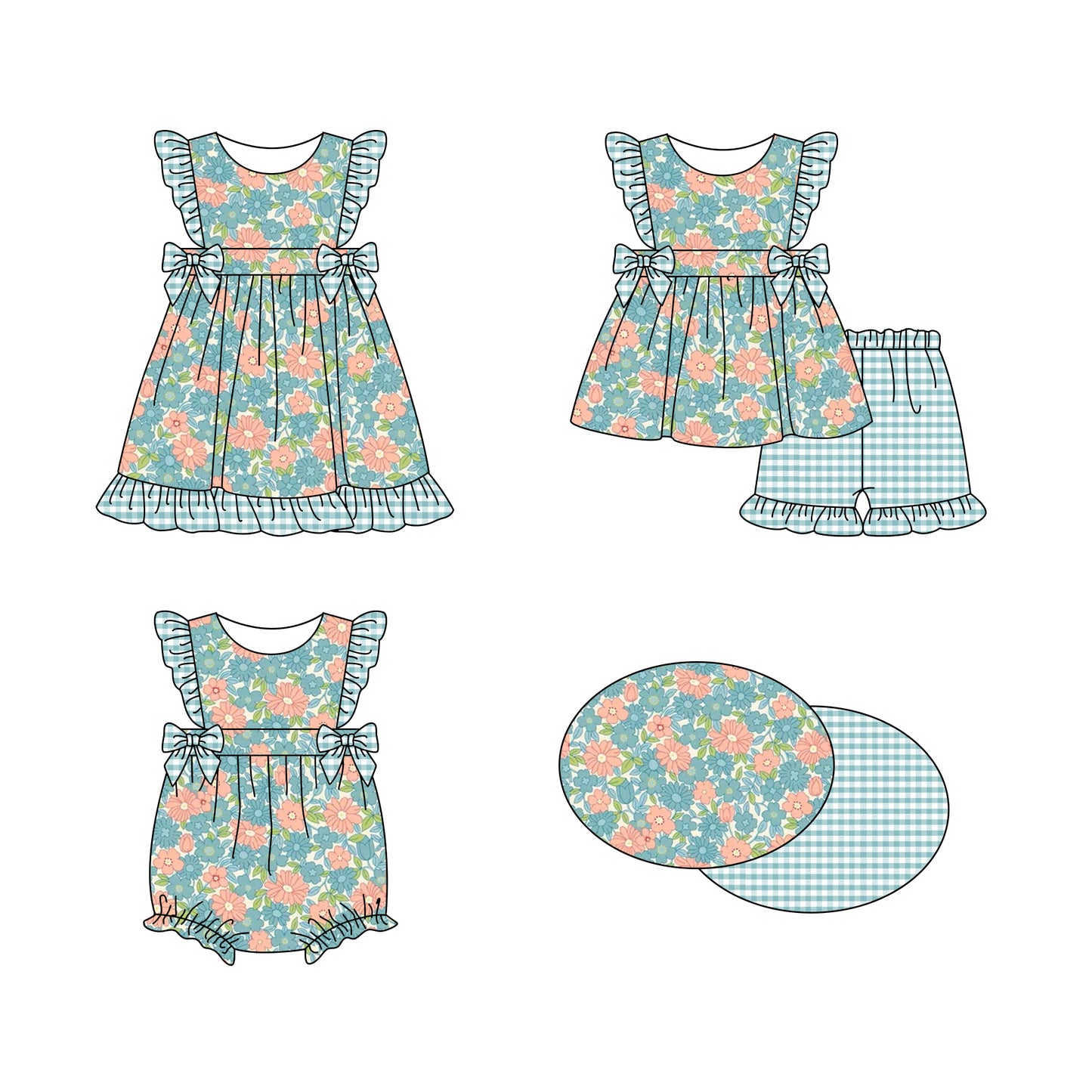 Preorder(moq 5 each)Sibling Baby Girls Blue Orange Flowers Bows Spring Romper Dress Shorts Sets