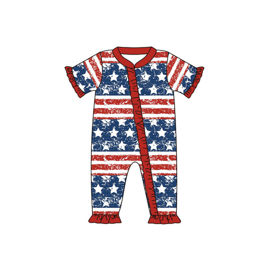 Baby Infant Girls 4th Of July Stars Short Sleeve Zip Rompers preorder(moq 5)