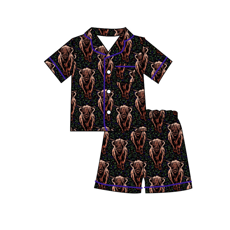 Baby Girls Short Sleeve Purple Highland Cows Buttons Shirt Shorts Pajamas Clothes Sets preorder(moq 5)