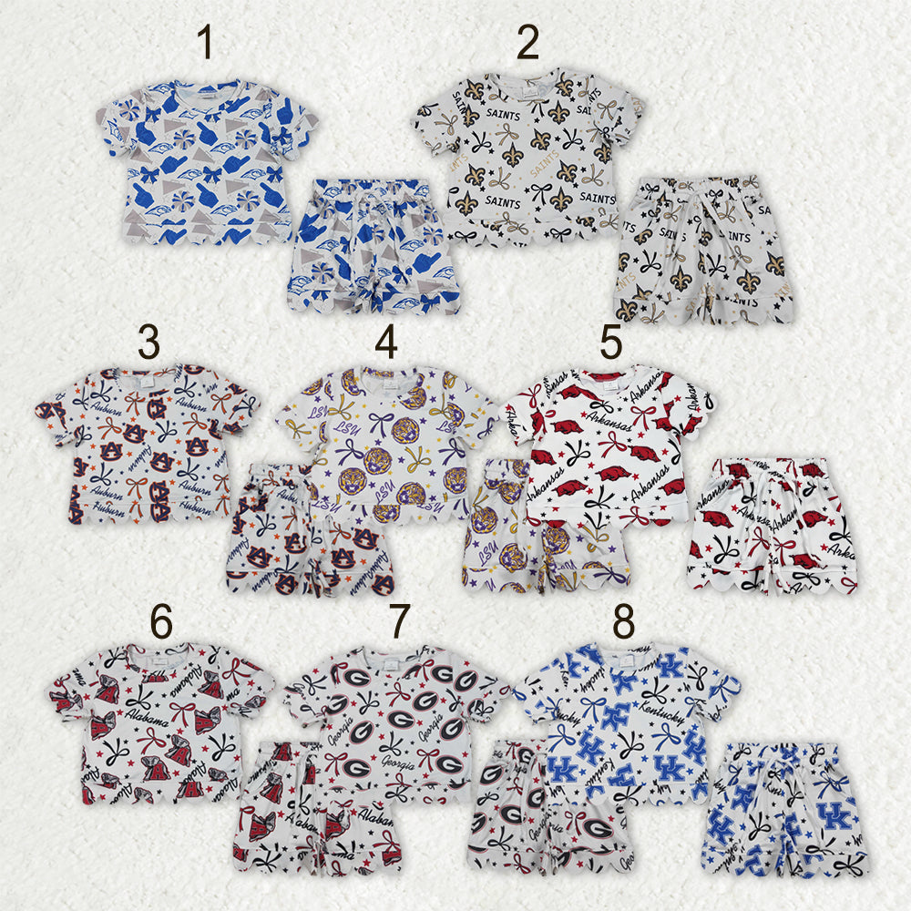 Sibling Baby Girls Bows Team Top Pockets Short Scallop Clothes Sets
