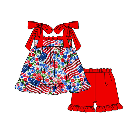 Baby Girls Straps Flags Flowers Top Ruffle Shorts Clothes Sets preorder (moq 5)