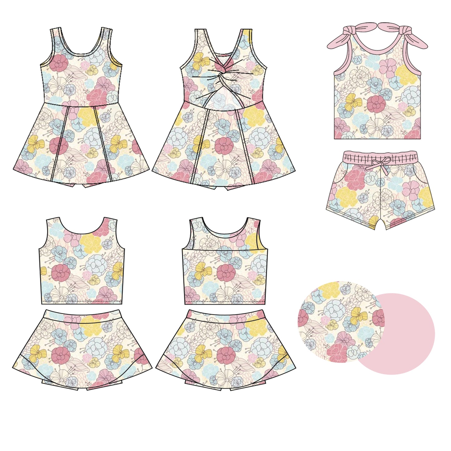 Preorder moq 5 Custom Baby Girls Sleeveless Pink Floral Top Skort Set Knee Length Dress Pockets Short Set