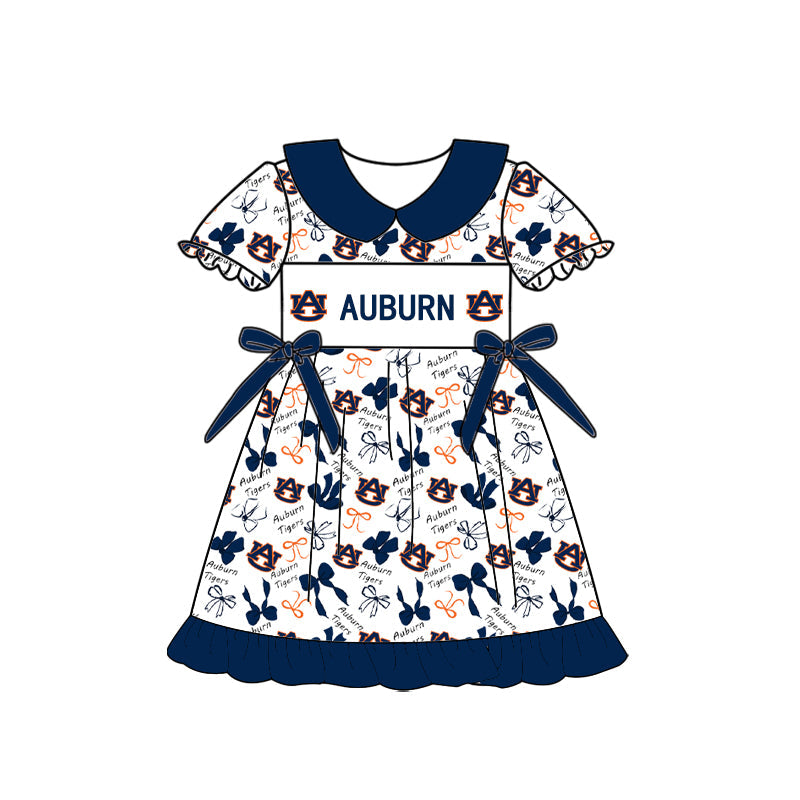 Preorder (moq 5)Baby Girls Short Sleeve Auburn Bows Collar Team Ruffle Knee Length Dress