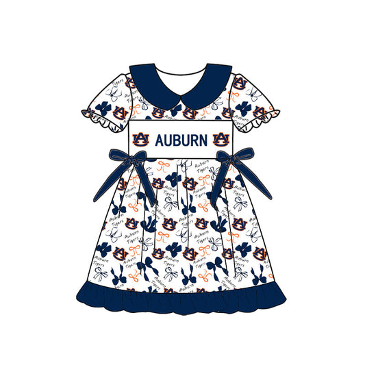 Preorder (moq 5)Baby Girls Short Sleeve Auburn Bows Collar Team Ruffle Knee Length Dress