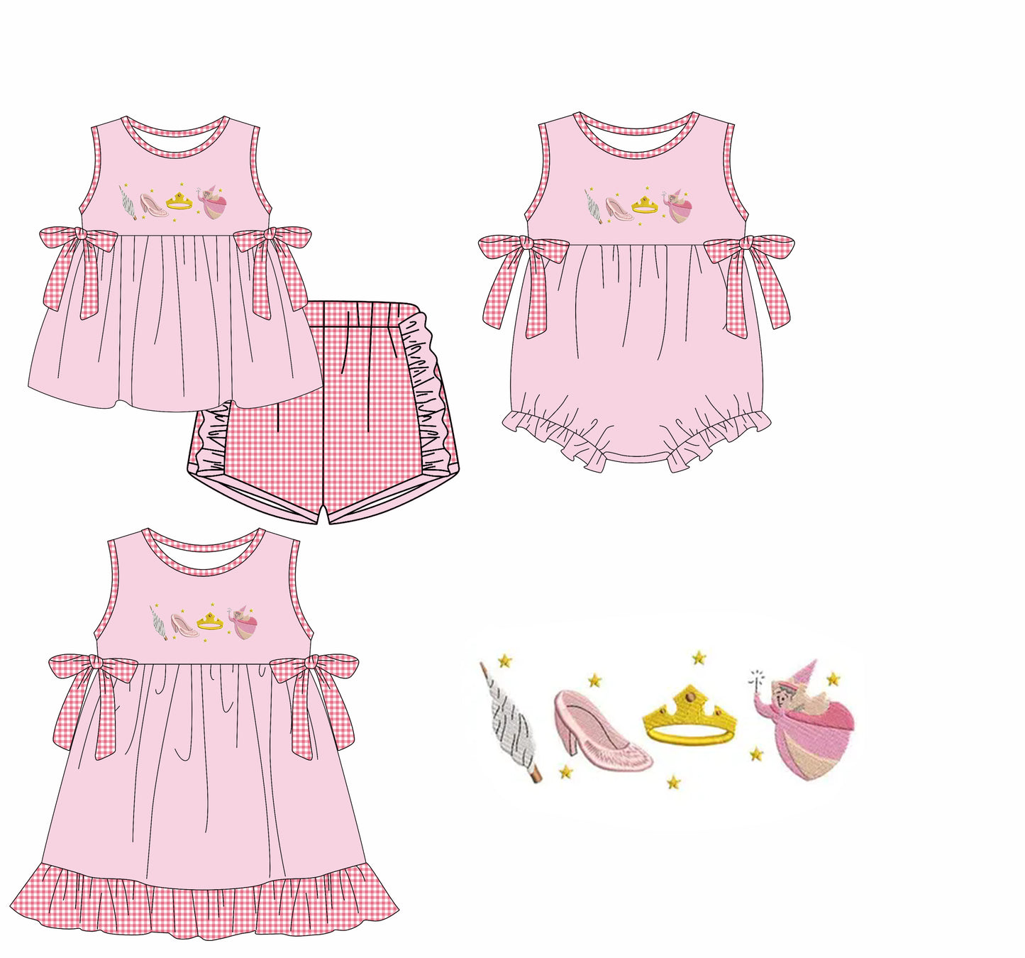 Preorder moq 5 Custom Baby Girls Pink Sleeveless Magic Stars Tunic Plaid Ruffle Short Set Knee Length Dress Rompers