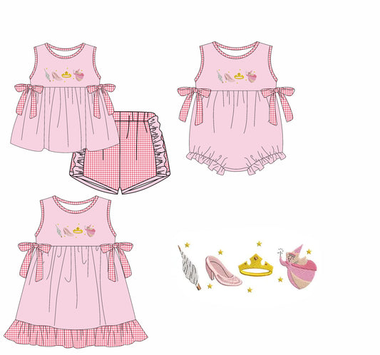 Preorder moq 5 Custom Baby Girls Pink Sleeveless Magic Stars Tunic Plaid Ruffle Short Set Knee Length Dress Rompers
