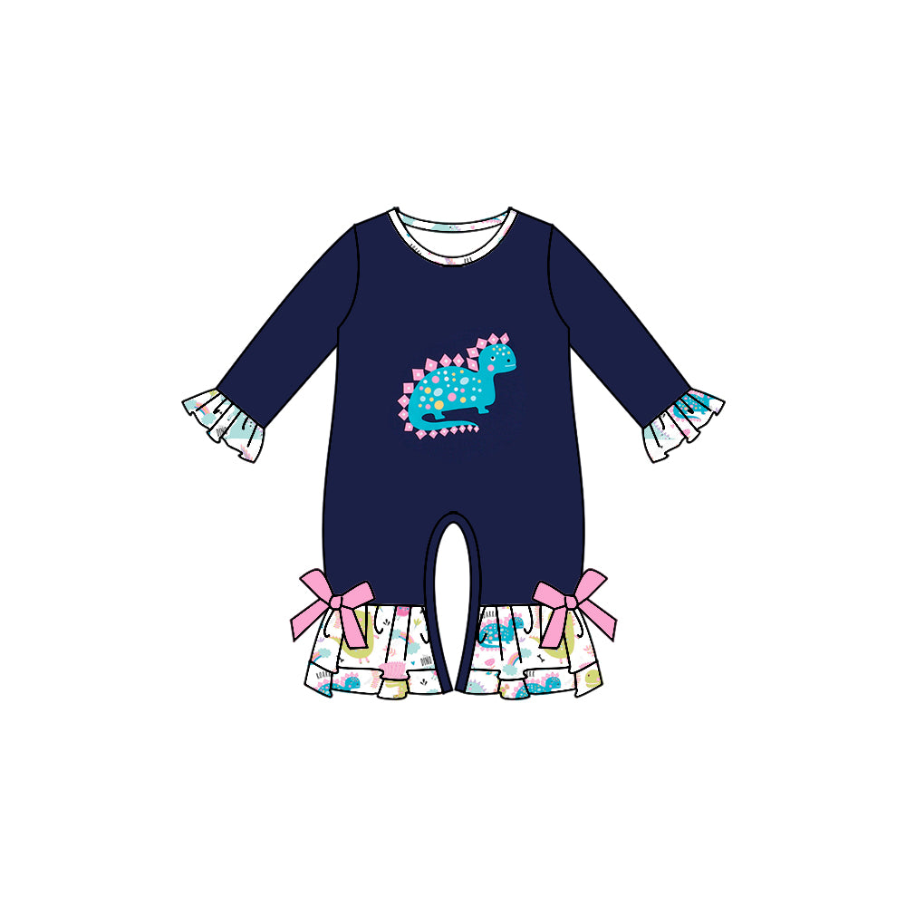 preorder(moq 5)Baby Infant Girls Navy Dinosaurs Ruffles Long Sleeve Rompers
