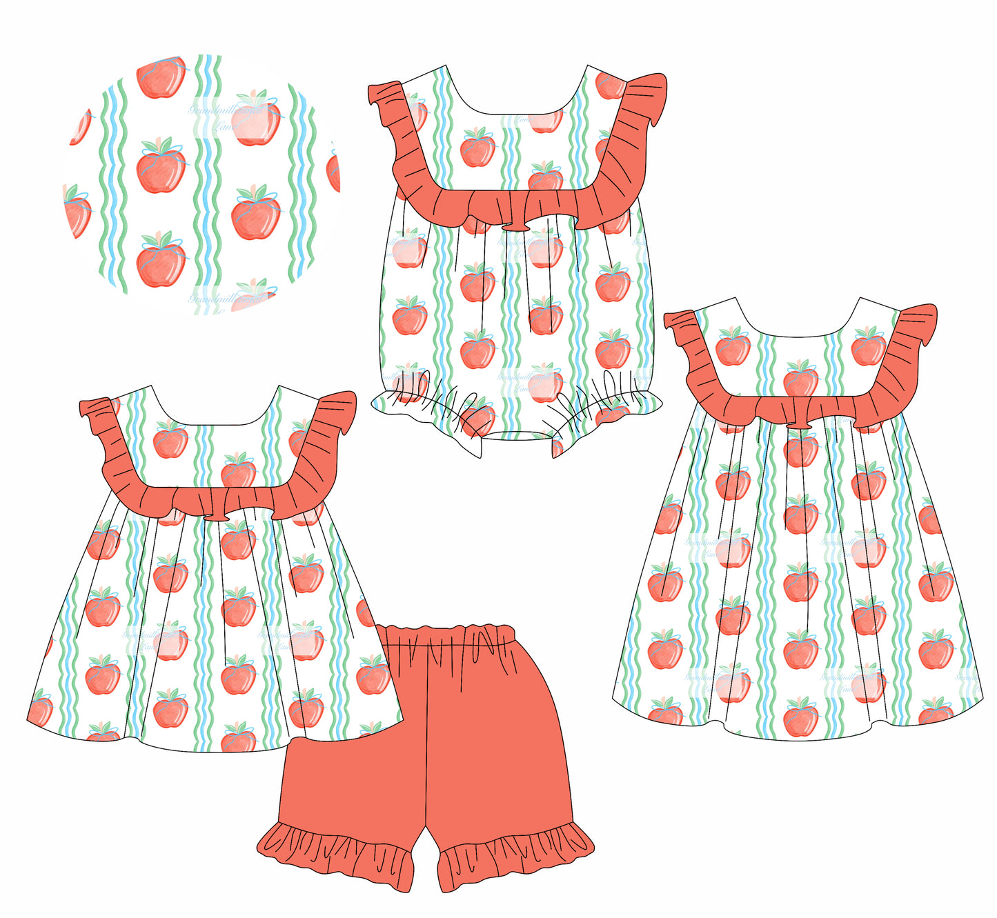 Preorder moq 5 Custom Baby Girls Peach Sleeveless Stripe Apples Tunic Ruffle Short Set Knee Length Dress Rompers