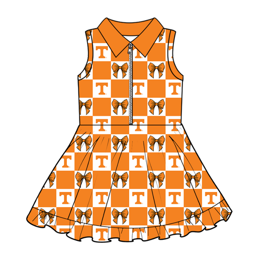 Preorder (moq 5)Baby Girls Orange T Bows Checked Zipper Team Shorts Knee Length Dresses