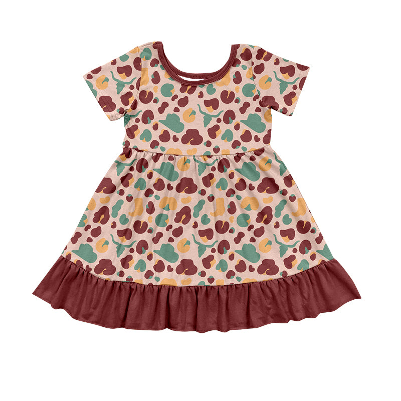 Baby Girls Leopard Western Cows Ruffles Knee Length Dresses preorder(MOQ 5)