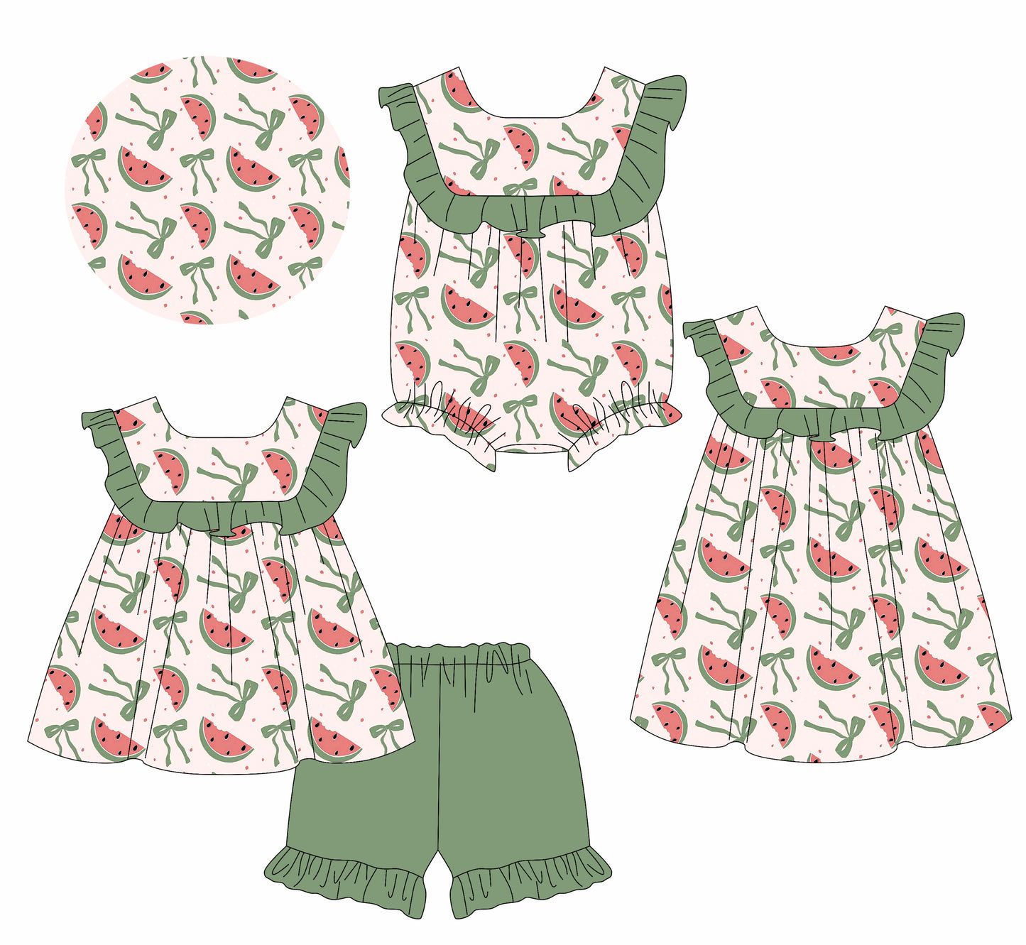 Preorder moq 5 Custom Baby Girls Green Sleeveless Bows Watermelon Tunic Ruffle Short Set Knee Length Dress Rompers