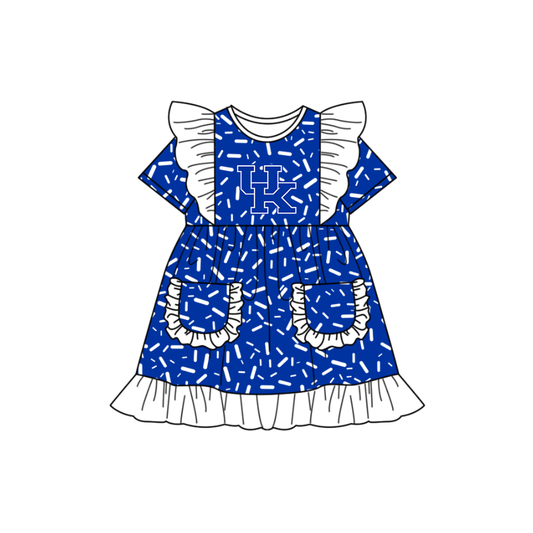 Preorder (moq 5)Baby Girls Flutter Short Sleeve Blue Sprinkles UK Pockets Team Ruffle Knee Length Dresses